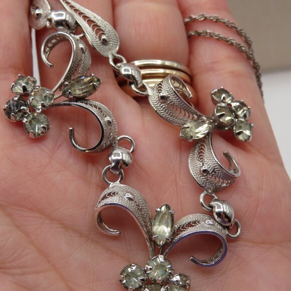 Sorrento Sterling Silver Rhinestone Filigree Floral Necklace - Picture 8 of 12